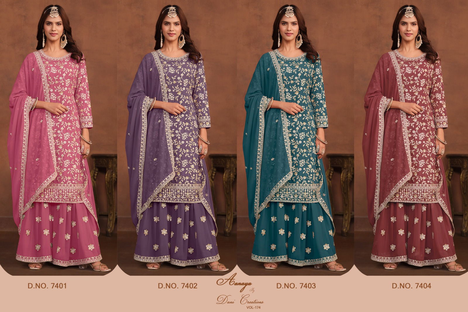Aanaya Vol 174 By Dani Fashion 7401 To 7404 Series Designer Georgette Suits Wholesalers In Delhi